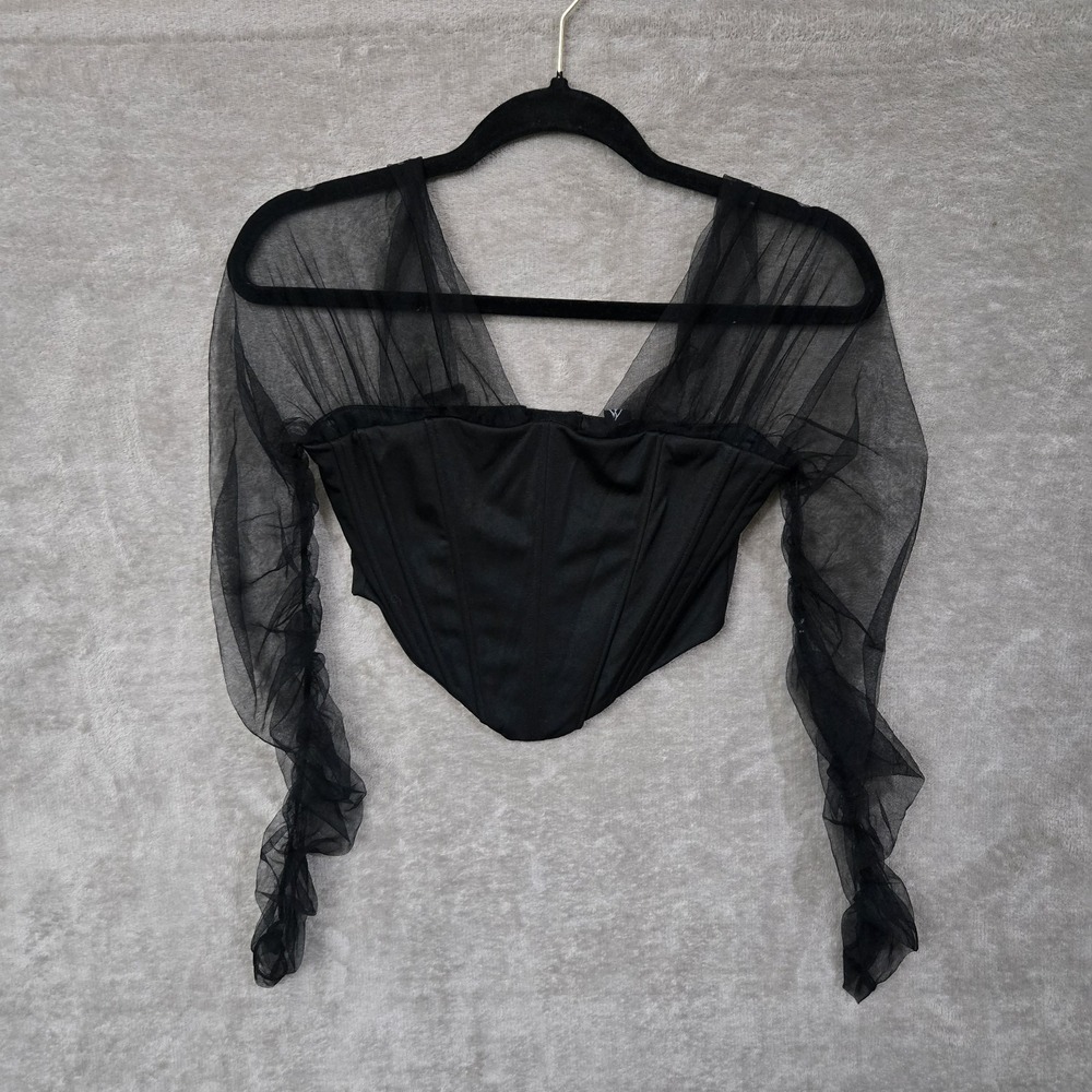 Windsor Corset Top Sheer Mesh Sleeve Black XS Y2K Goth Coquette‎ Fairy Grunge